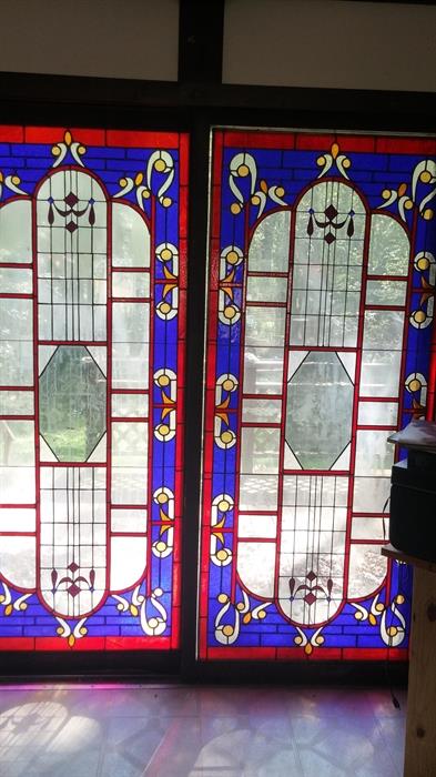 Honored to offer these custom patio door stained glass pieces!  They can over lay your current patio doors with wood fastening how they are here.  Gorgeous.  