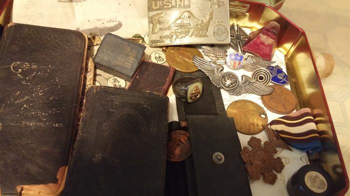 US Navy Ring, Navy buckle, pins, medals, tokens, Ration Book,  many smalls at this sale
