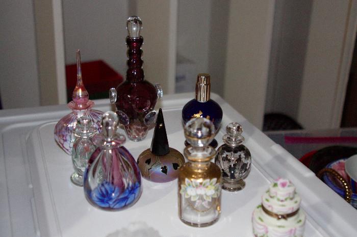 Beautiful glass perfume bottles, including some Limoges.