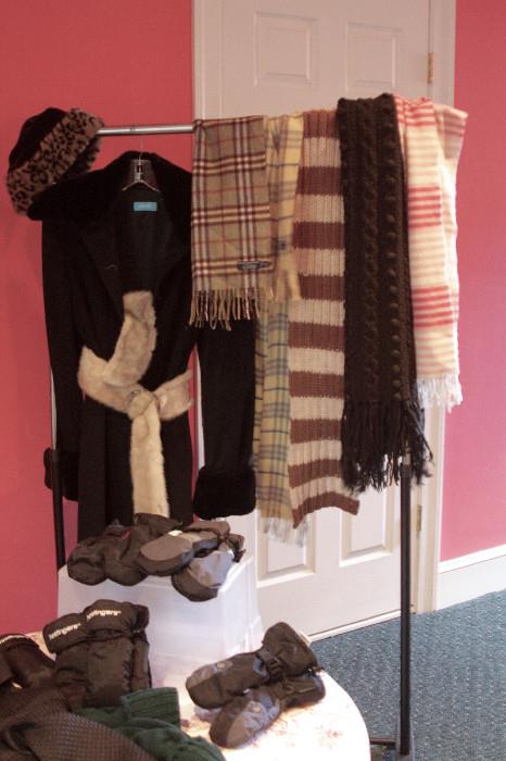 Winter gear including fur belt/collar set, ski gloves, burberry scarves and more