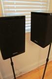 Pair of Difinitive Technology Speakers and Furniture Works Int'l stands