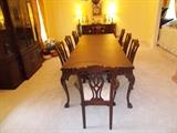 Mahogany Dining Table AND 8 Upholstered Chairs - 2 Arm Chairs/6 Side Chairs - Great Reproduction Piece! - Century Furniture Company - Each end of the table has a drawer for silver storage!!!!!