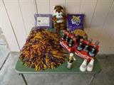 LSU Memorabilia - Back row Left: "Louisianian by Birth - LSU Tiger by the Grace of God"; Middle - LSU Tiger (stuffed animal); LSU pillow; Front row: Lots of poms/poms; LSU Tiger Sauce; LSU Salt/Pepper; 6 Coca Colas - National Football Champions 2003; 6 Coca Colas - LSU Baseball Champions - 1983 (all bottles will be sold individually); behind bottles: LSU football (mini) - More LSU Collectibles/Memorabilia will be at this sale!!!!!