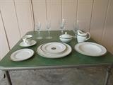 Back Row: Lenox USA Crystal Stems: Left to Right Number of Each: 6; 7; 8; 9  -  Front: Royal Doulton Oxford Green China - 1 Place Setting (Dinner plate; Salad plate; Bread/Butter plate; Cup/Saucer - 8 place settings of these PLUS Creamer/Covered Sugar - Royal Doulton will be sold as a SET!!!! Lenox Crystal will be sold by size (i.e., set of 6; set of 7, etc.)