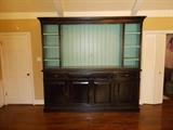 Hudson Open TV Cabinet/Entertainment Center - 2 pieces - 102" X 94" X 19" - Solid Mahogany painted black (a little distressed) & blue inside back - HUGE - Great Piece!!!!!!!!