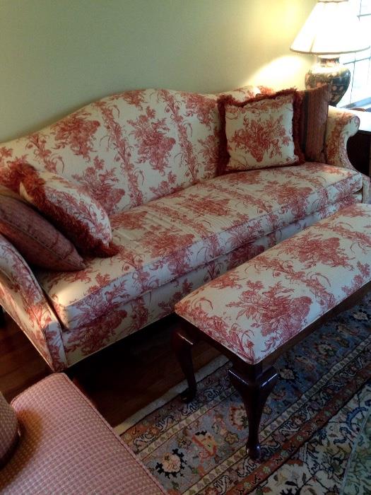 This Is One Of Those Estate Sales That's Filled With Pretty and Useful Things!...Plenty of Stunning Quality Furniture Too...Like This Toile Camel Back Sofa and Bench...