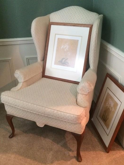 Upholstered wing back chair; 2 framed pictures