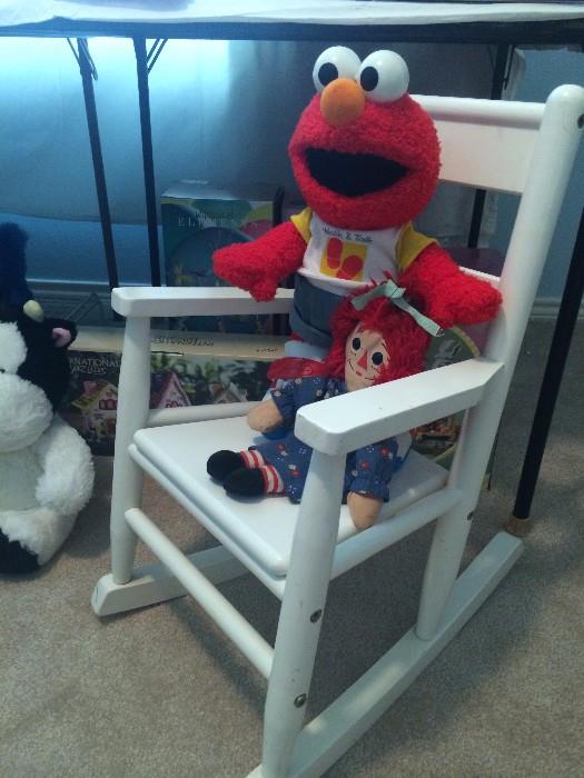 Child's rocker; Elmo and Raggedy Ann