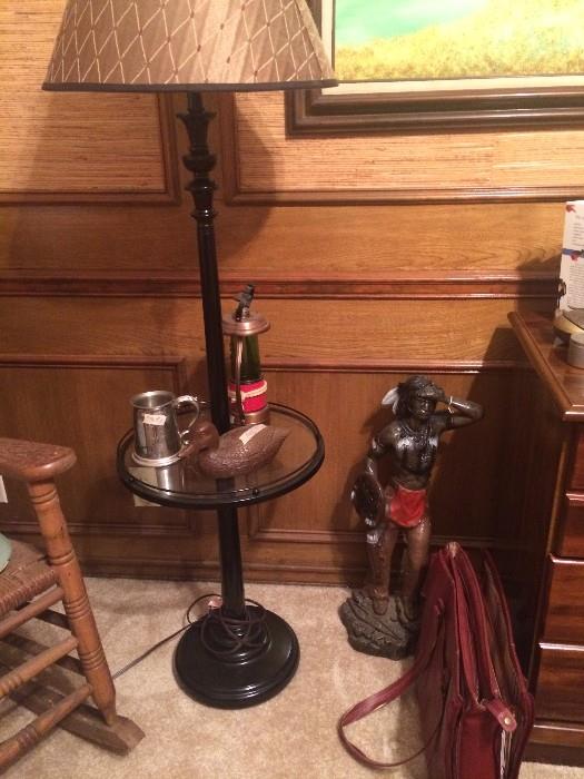 Floor lamp-table; Native American statue; brief case