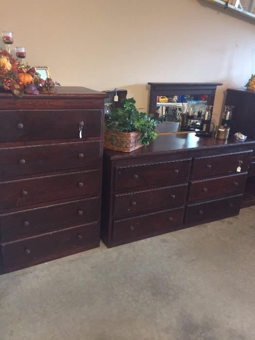 Matching five drawer chest & six drawer dresser has a mirror and 2 nightstands.
