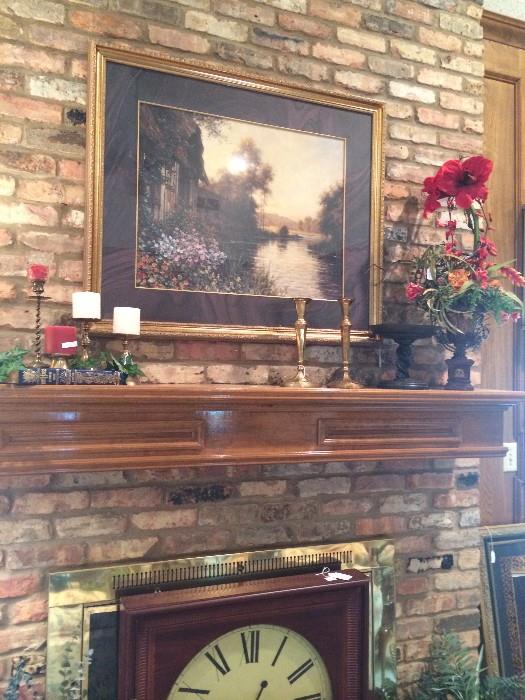 Framed art; candle sticks;  large decorative clock