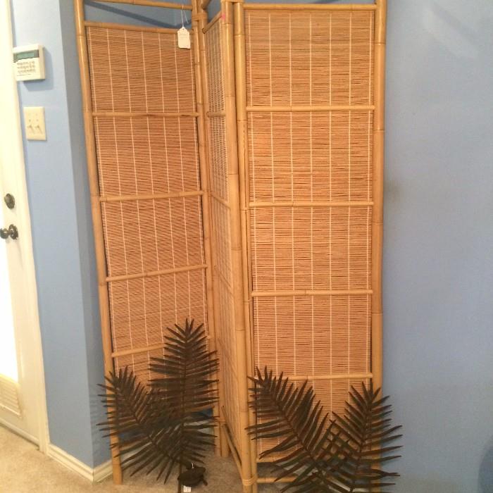 Rattan room divider; metal palm candle sconces