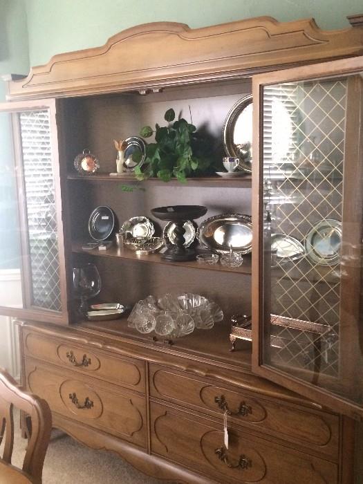 Large china cabinet; silver plate; punch bowl & cups