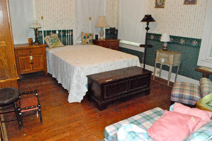 dark wood lane cedar chest -solid oak night stands-full mattress set -white iron headboard- chairs & old lamps  &more  UPDATED 9/10 CHAIRS STILL AVAILABLE AND END TABLES & ARMOIRE REST SOLD