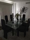 STUNNING MODERN // CONTEMPORARY GLASS TABLE WITH BLACK CHAIRS BY SOLEIL FURNITURE RATAIL $5,200