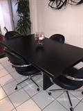 MODERN BLACK KITCHEN TABLE AND 4 ROLLING CHAIRS & METAL WALL ART
