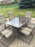 PATIO FURNITURE // LONG TABLE WITH UMBRELLA AND 6 CHAIRS