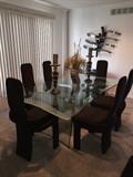 STUNNING MODERN // CONTEMPORARY GLASS TABLE WITH BLACK CHAIRS BY SOLEIL FURNITURE RATAIL $5,200