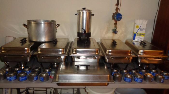 5 Chafing Dishes, multiple sternos, coffee pot, large soup/chili pot