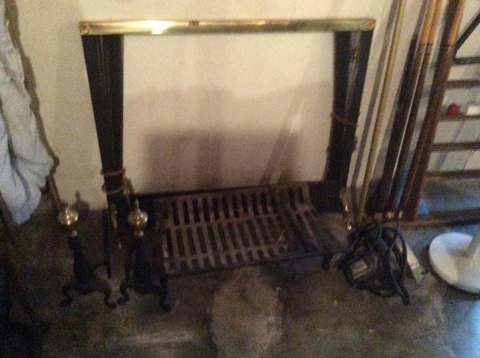 Fireplace Screen, Grate and Andirons in Black and Gold.