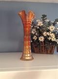 Antique Ruffled and Ribbed 13" Carnival Glass Vase.