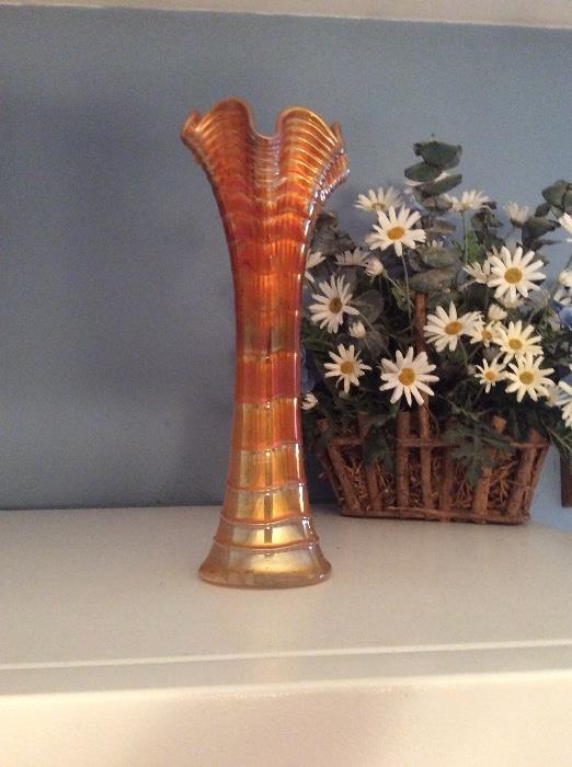 Antique Ruffled and Ribbed 13" Carnival Glass Vase.
