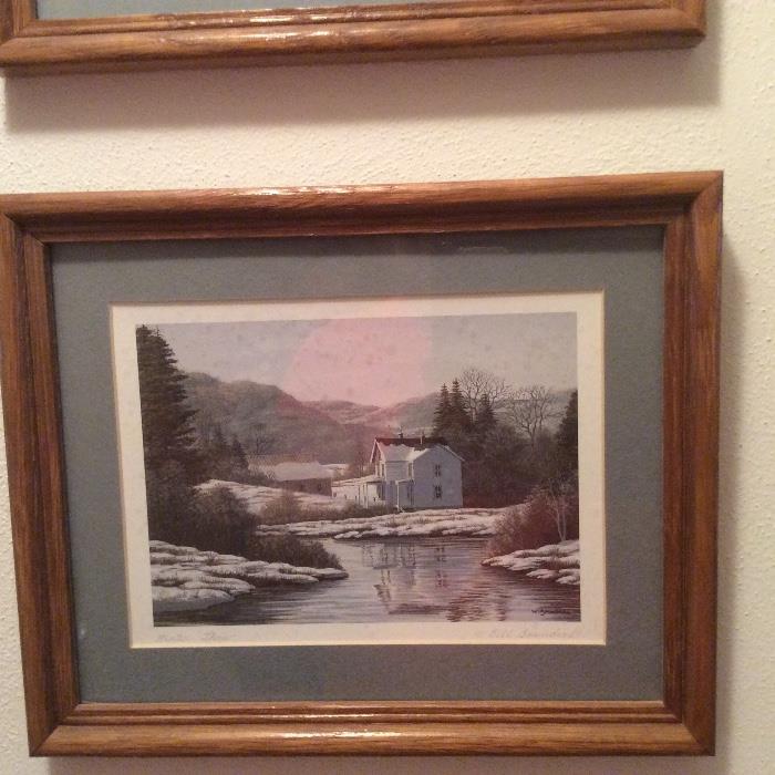 Bill Saunders signed print Winter Thaw. Set of Four matching frames and mats.