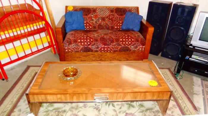 Mid Century Living Room Table and Mission Style Love Seat with pull out bed