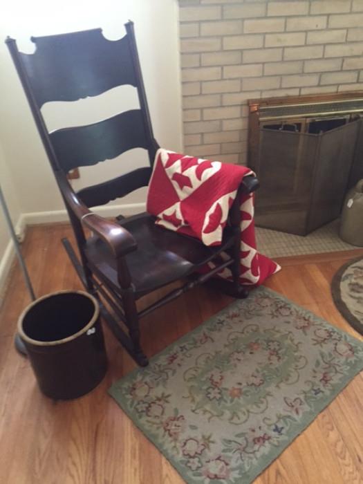 Antique Rocking Chair, Crock and Great Antique Quilts and Small Rugs available