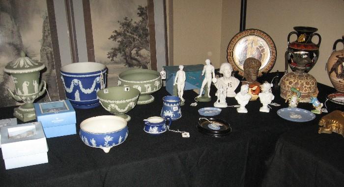 Large Sage Wedgwood Jasperware Urn, Large Blue Cachepot, and other antique Wedgwood Jasperware, and unique Bisque or Parian Ware , and Greek Museum Replicas of Vases.  Other smalls and silver-plate. Boxed sets of silver and horn forks and knives ( Not carving... but eating fork and knives)