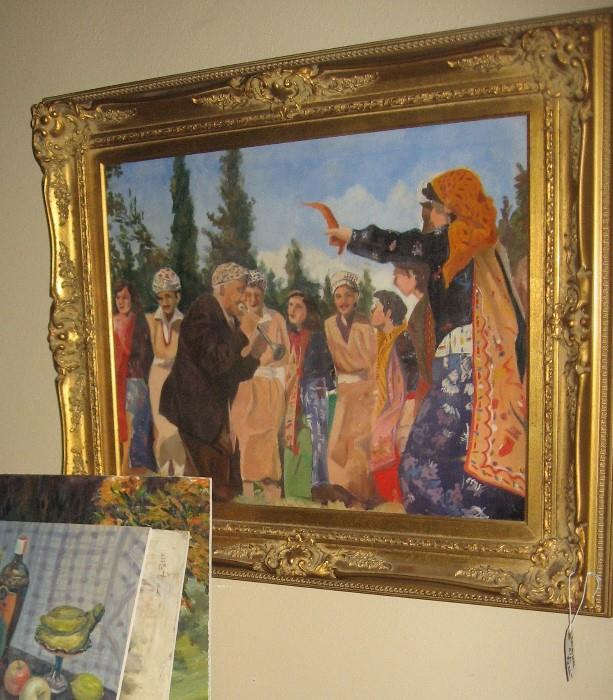 Oil painting on canvas KURDISH DANCING SCENE.  Overall dimensions approx.:  30" x 36"