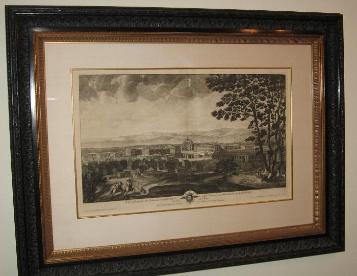 Antique French "Double Page" Engraving of the Stable area around Versailles. Overall dimensions:   28" x 37"