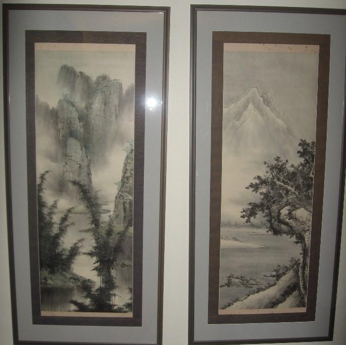 Pair of long CHINESE INK PAINTINGS.   Originals on special rice? paper, and framed with hi-end frames.  Overall dimensions: 28" x 62"