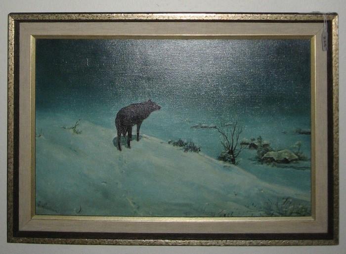 Oil on Canvas. Picture of a lone Wolf in the snow. Overall dimensions:   18.5" x 26.5"