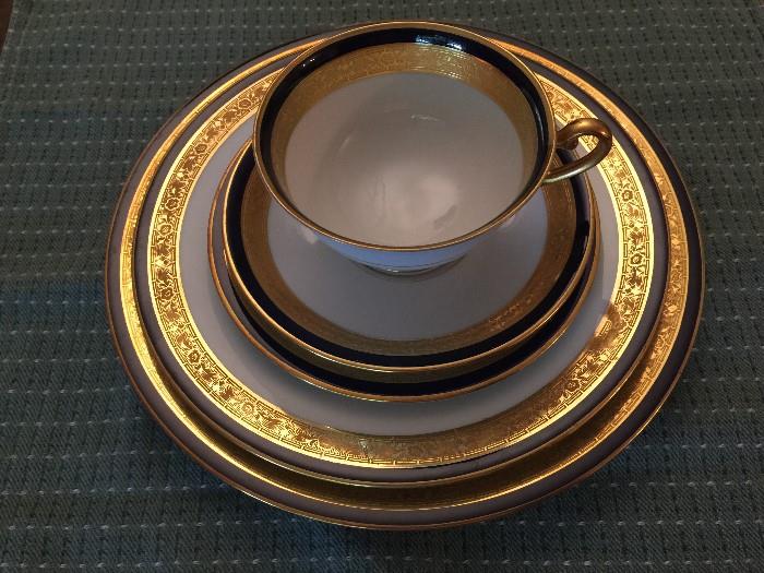 12 piece set of HUTSCHENREUTER Porcelain China set . 12 Luncheon plates, 12 salad-dessert plates, 12 bread/butter plates, but only 9 cups...and 12 saucers ! Fabulous and Imperial look. Cobalt Blue and Real Gold.