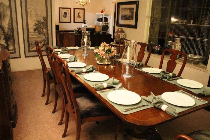 DINING TABLE and 8 CHAIRS by Kindel Furniture.           This picture shows how beautiful the table can be when set for dinner !  ( Other items shown may NOT be available)