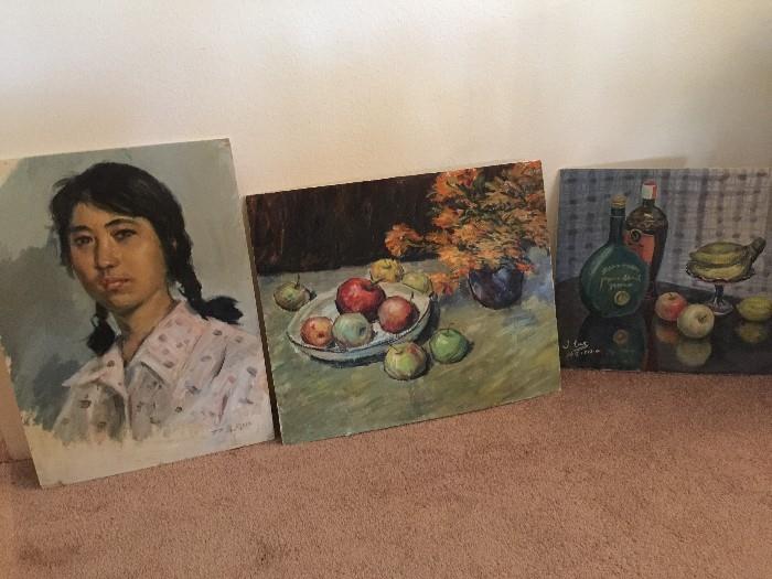3 "loose" OIL PAINTINGS on paper mounted to core board.  Dimensions: Girl 15" x 21",  Fruit 17" x 21", Liquor and Fruit 17" x 16".