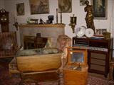 serving cart, small antique chest, bust and hi-fi