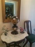 Antique marble top table; "Gone With the Wind: lamp; 1 of 2 antique chairs
