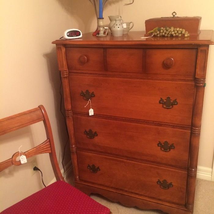 Four drawer chest has matching chairs, stool, & dresser