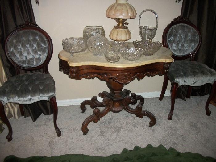 Fantastic entry table, cut glass, Heisey basket, and pair of nice Victorian side chairs