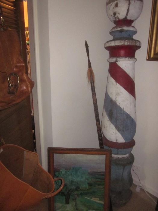 Antique Barber Shop Pole, Wooden Painted Barber shop pole