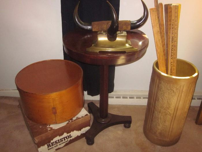 Horns, bull horn, wood hat box, Pottery umbrella stand, antique yard sticks