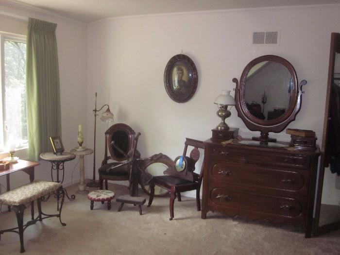 Antique dresser, chairs,  mirrors, art work, tables