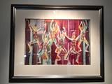 Tissue Collage by Gaylord Flory – Modern Dance. This is a very rare and colorful piece by Gaylord Flory made of tissue paper depicting modern dancers. Beautiful hues of pink and red and handsomely framed. Total measurement 34” W x 28” H. Asking price  $1,250. NOW $1,000!