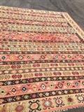 Extremely large, by kilim standards, and beautiful Turkish Kilim in pinks and gold tones. Measures 118” x138” (9’ 18” x 12’ 6”)
This kilim is quite finely made, very light and thin; there is some slight wear. 
Asking price  $2,250. NOW $1,800!