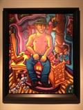 Original Oil by Tony de Carlo – A Single Man. 
Tony de Carlo (1958-2014) was a native of Los Angeles. He was a self-taught artist and created art on a daily basis since his childhood. His vivid, sensuous paintings burst with color and always seem to have a touch of surrealism in each piece. He features the people, neighborhoods, landscapes, cityscapes, dogs and flowers that he sees in his daily life.
His work has been exhibited regularly in museums and galleries throughout the United States, and his paintings are in collections around the world. Framed, the piece measures 35 1/2” T x 28 1/2” W. Asking price  $1,250. NOW $1,000!