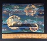 Fused Glass Ashtray by Higgins. 
This extraordinary ashtray, in blue and gold tones, is an excellent example of fused glass made famous by pioneering glass craftsmen Michael and Frances Higgins. This piece measures 14” x 10” and is roughly 1 1/4” tall and is signed. In beautiful condition. (Photographed on black, however pieces of the glass are clear.) Asking price  $250. NOW $200!