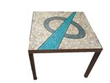Rare, Mid-century Tile and Brass Table, attributed to Richard Wormley. 
This table is an extraordinary example of mid-century fascination with aerospace; a beautiful mosaic on a brass bass.  Measures 19” square and stands 15 1/2” tall and is very good condition. Asking price  $1,250. NOW $1,000!