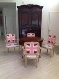 French 18th century provincial Normandy armoire converted inside into a bar, nice dining table and 4 Restoraton Hardware British flag hupolestered chairs